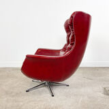 Vintage design tufted red sky leather lounge egg chair 1970s