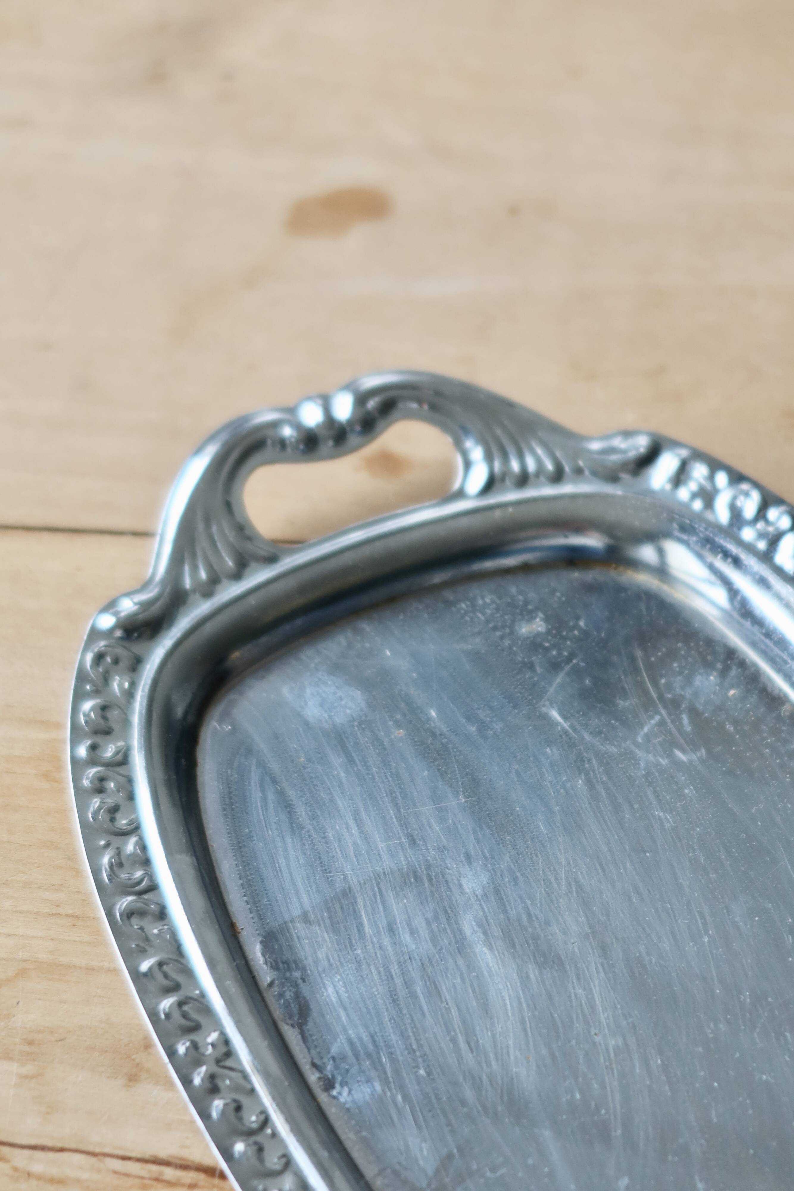 Mini vintage silver metal tray with floral border