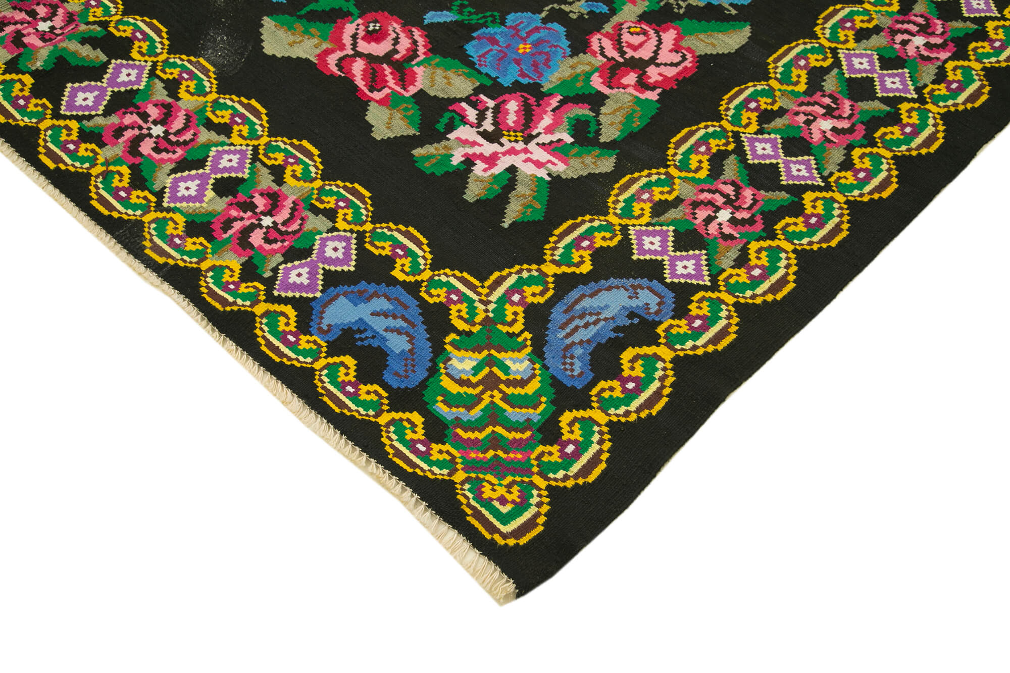 Handwoven Vintage Flatweave Black Kilim 216 cm