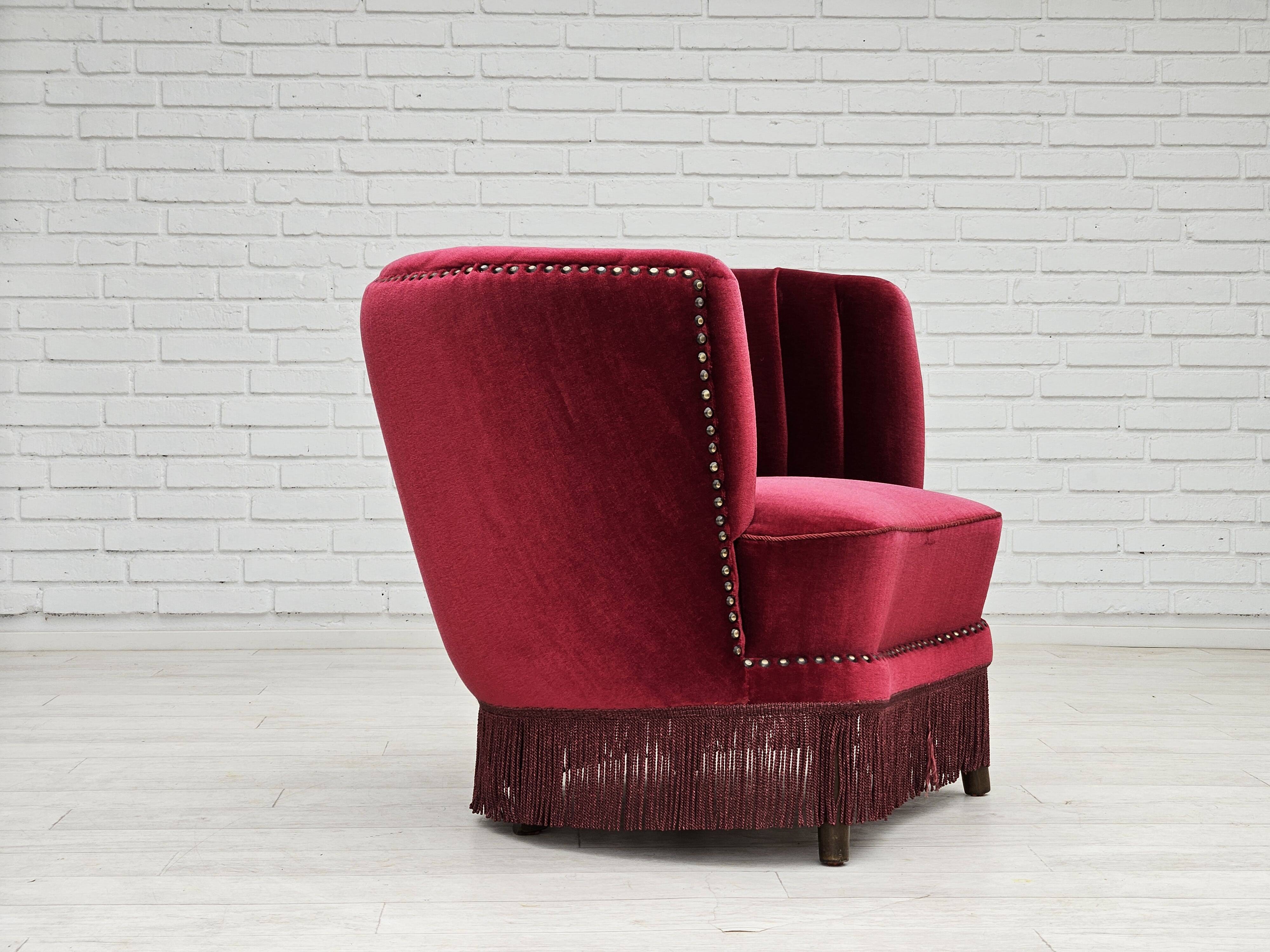1970s, Danish lounge chair, original condition, cherry-red velour fabric.