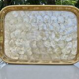 Old tray in woven rattan and mother-of-pearl, 1980s, vintage