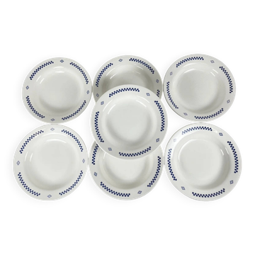 Set of 7 Lustucru soup plates, blue checkerboard pattern, 1950/80