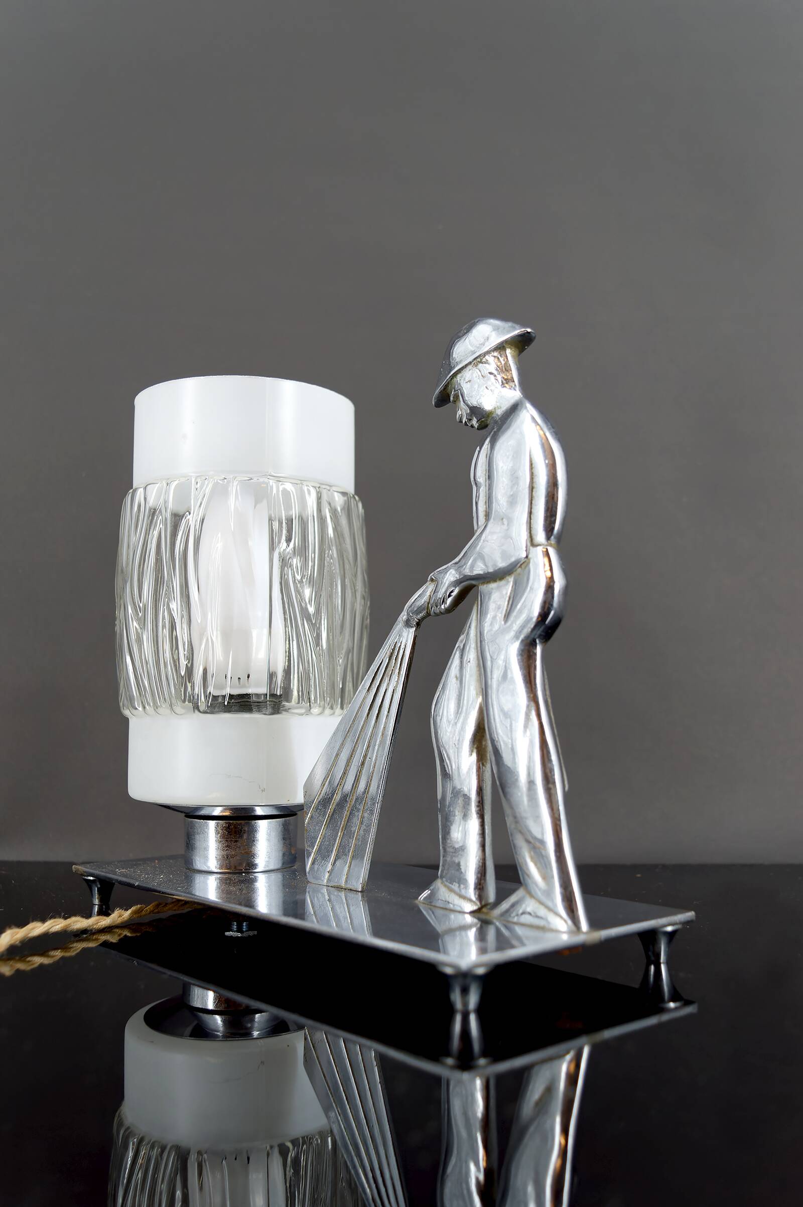 Rare Art Deco "Fire Soldier" Chromed Bronze Lamp, Poland, 1950-60