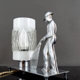 Rare Art Deco "Fire Soldier" Chromed Bronze Lamp, Poland, 1950-60