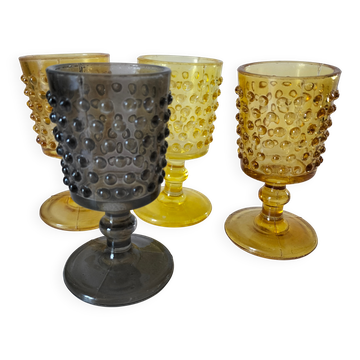 4 vintage stemmed glasses in hobnail glass and smoke colour.