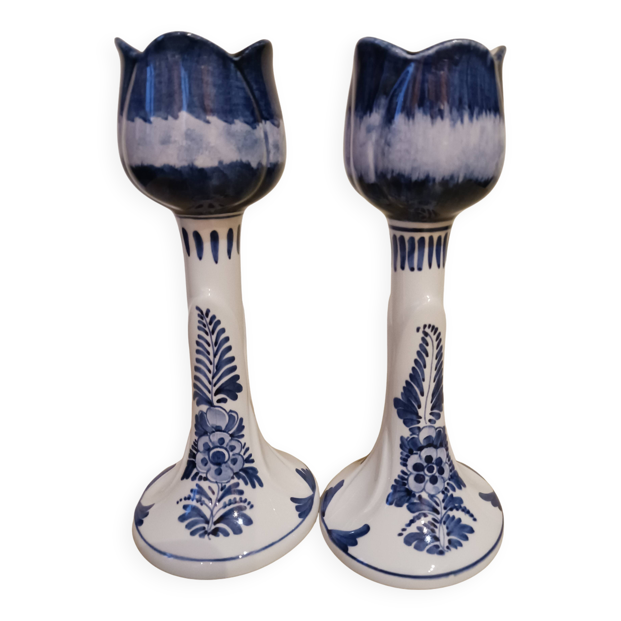 Pair of Delft earthenware candlesticks