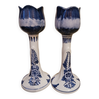 Pair of Delft earthenware candlesticks