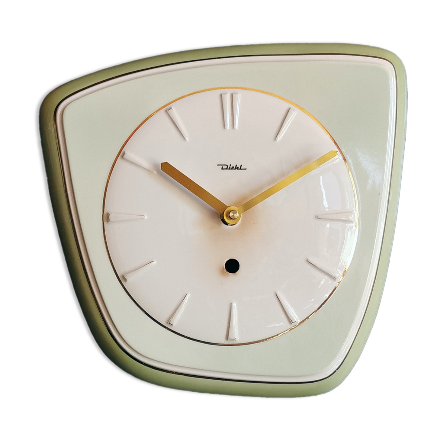 Vintage ceramic clock asymmetrical silent wall clock "Diehl golden green"
