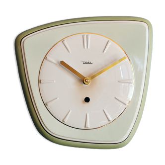 Vintage ceramic clock asymmetrical silent wall clock "Diehl golden green"