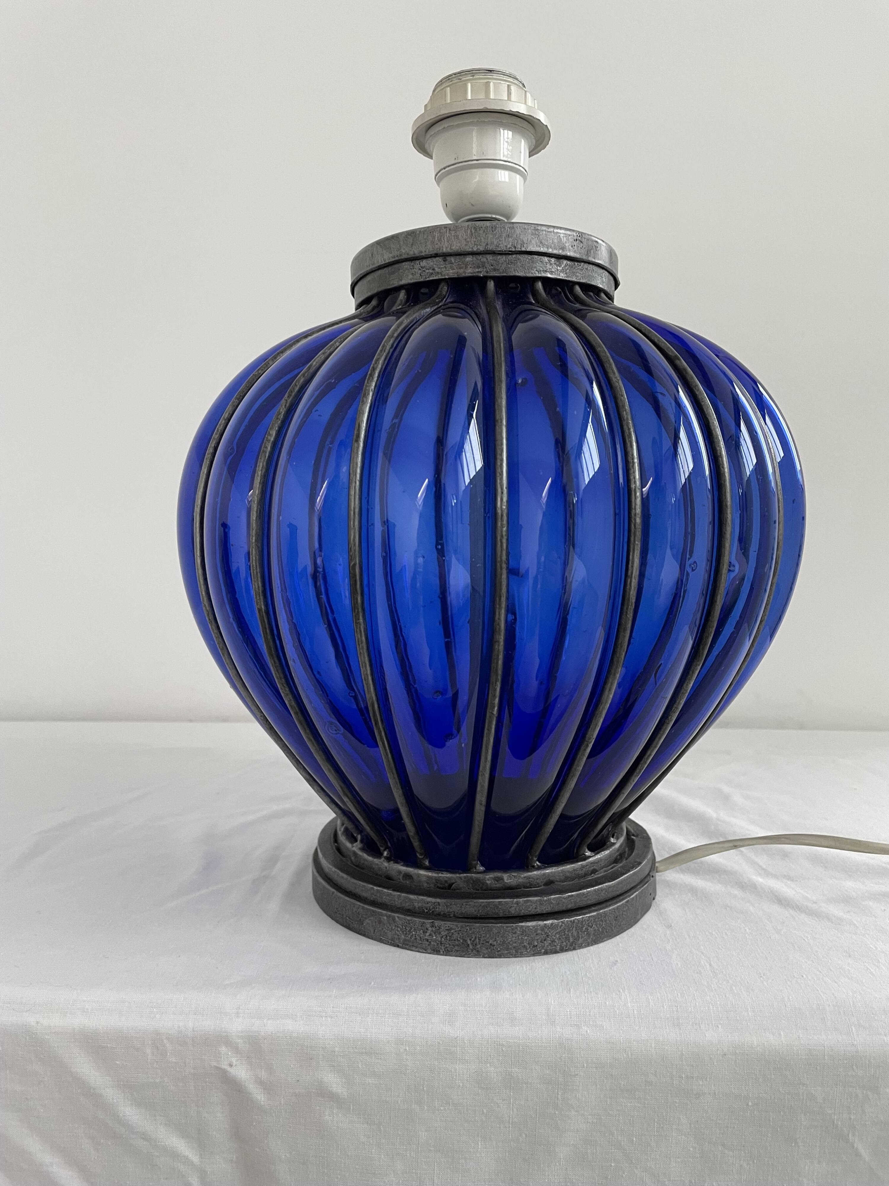 Vintage, blown glass lamp base, cobalt blue, silver metal frame, designer lamp, chic