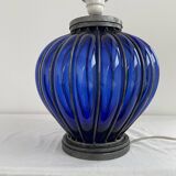 Vintage, blown glass lamp base, cobalt blue, silver metal frame, designer lamp, chic