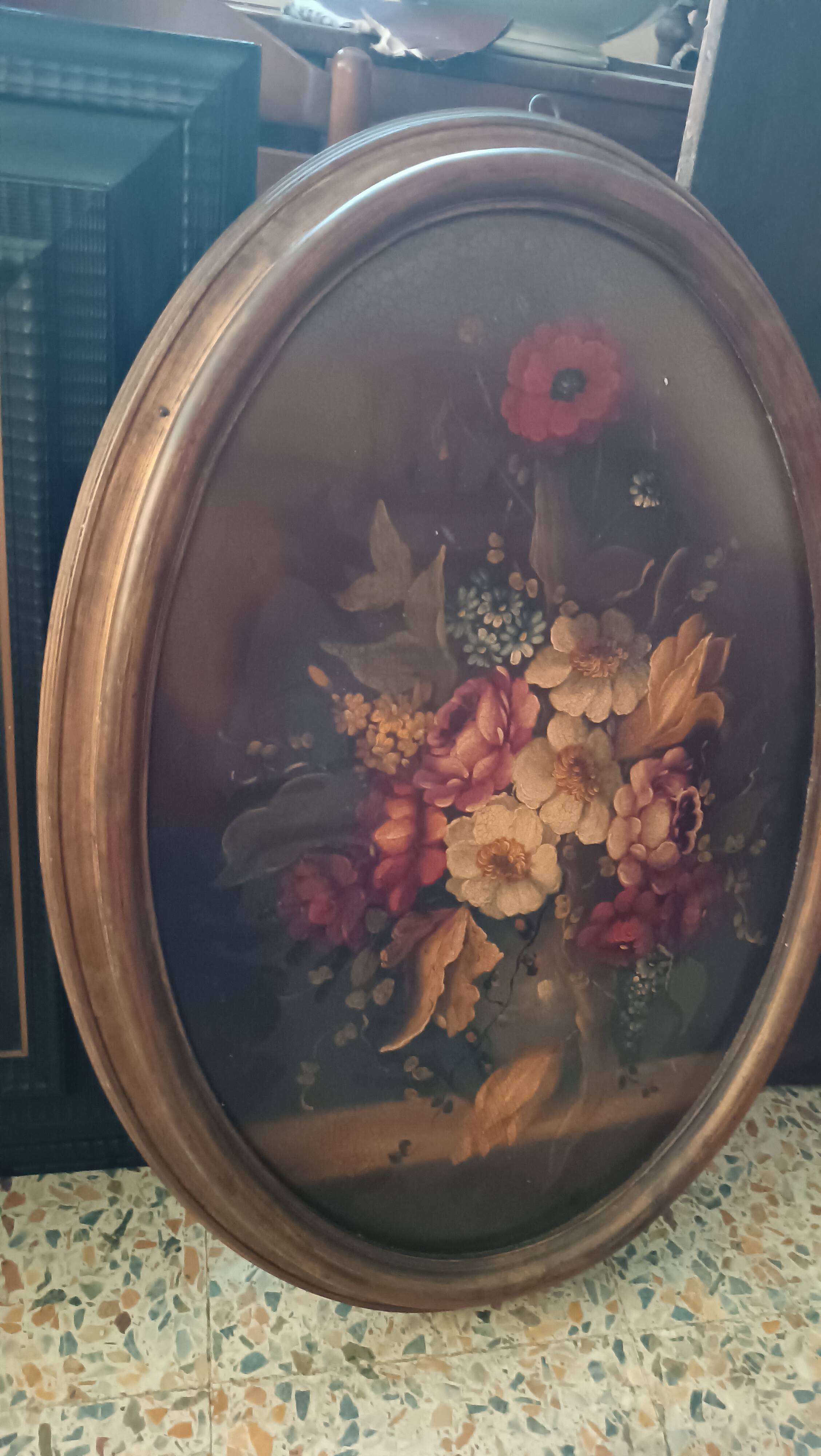Peinture huile sur panneau ovale fleurs