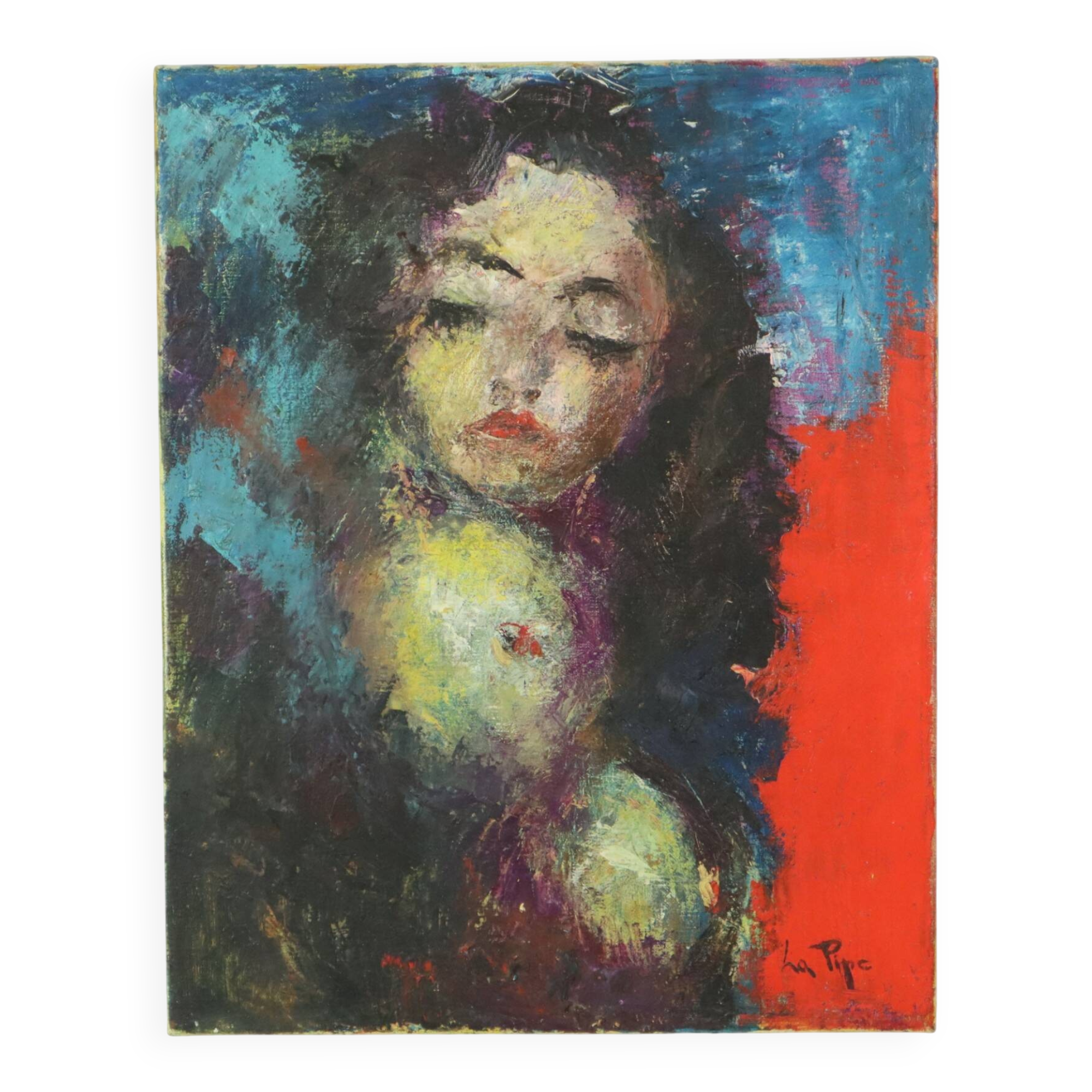 Vintage Abstract Painting on Canvas Nude Woman La Pipe