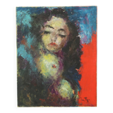 Vintage Abstract Painting on Canvas Nude Woman La Pipe