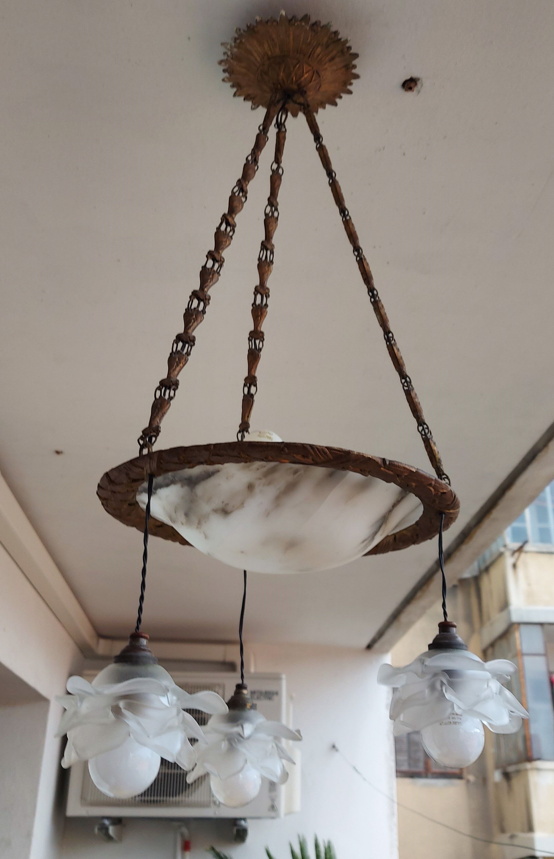 art nouveau chandelier, alabaster shells, molded glass and bronze