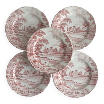 5 old Lunéville English Style red dessert plates.