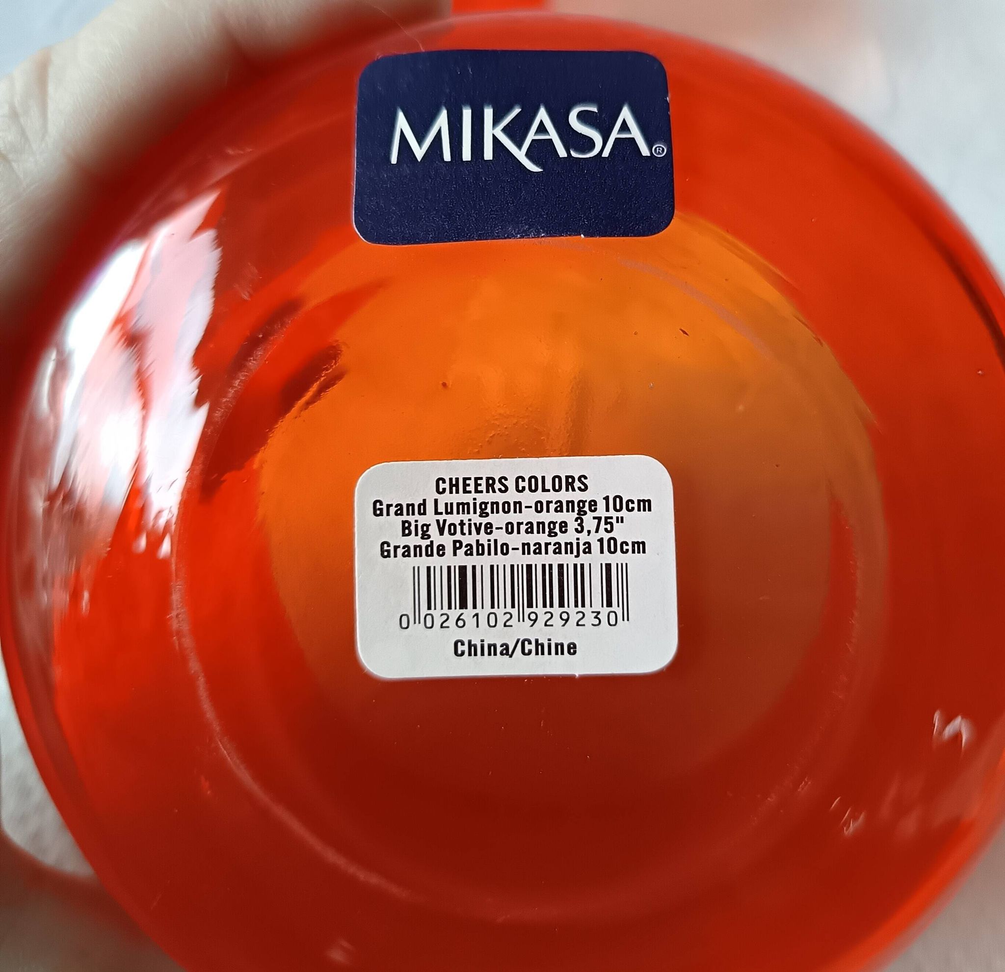 2 large vintage orange glass tealight holders, France, Mikasa mouth-blown