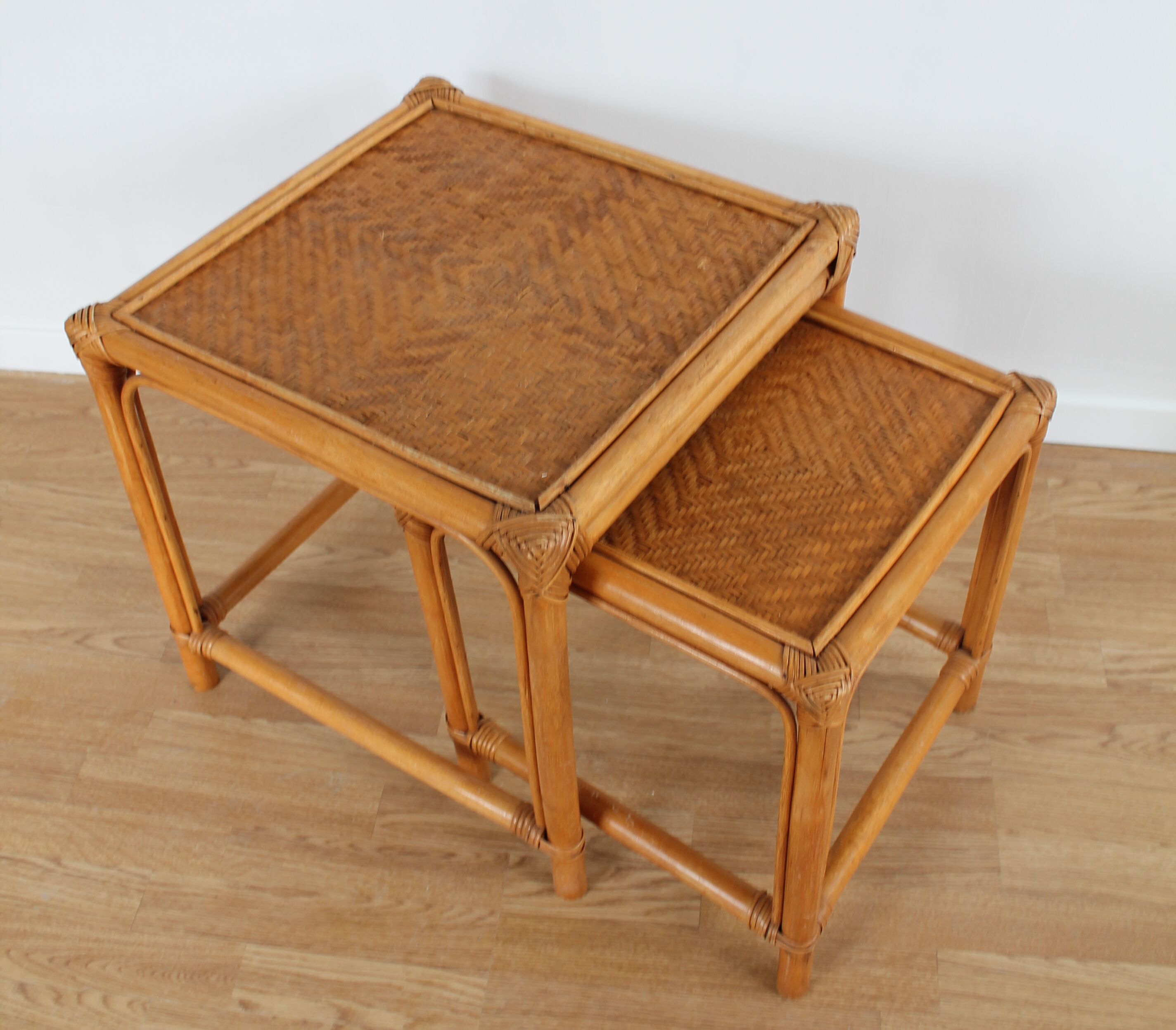 Pair of 70's vintage rattan tables