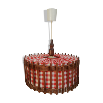 Wicker and red and white gingham checked fabric pendant light - vintage