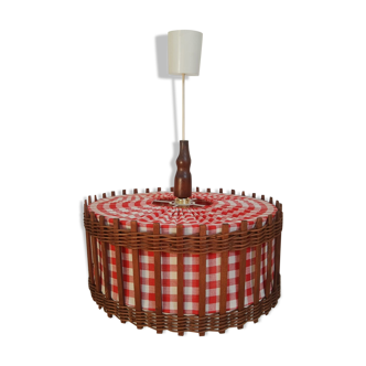 Wicker pendant lamp and red and white vichy checkered fabric - vintage