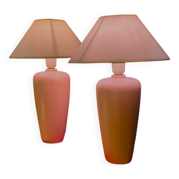 pair of 1970 ceramic lamps in matte pink with off-white shades, brand new