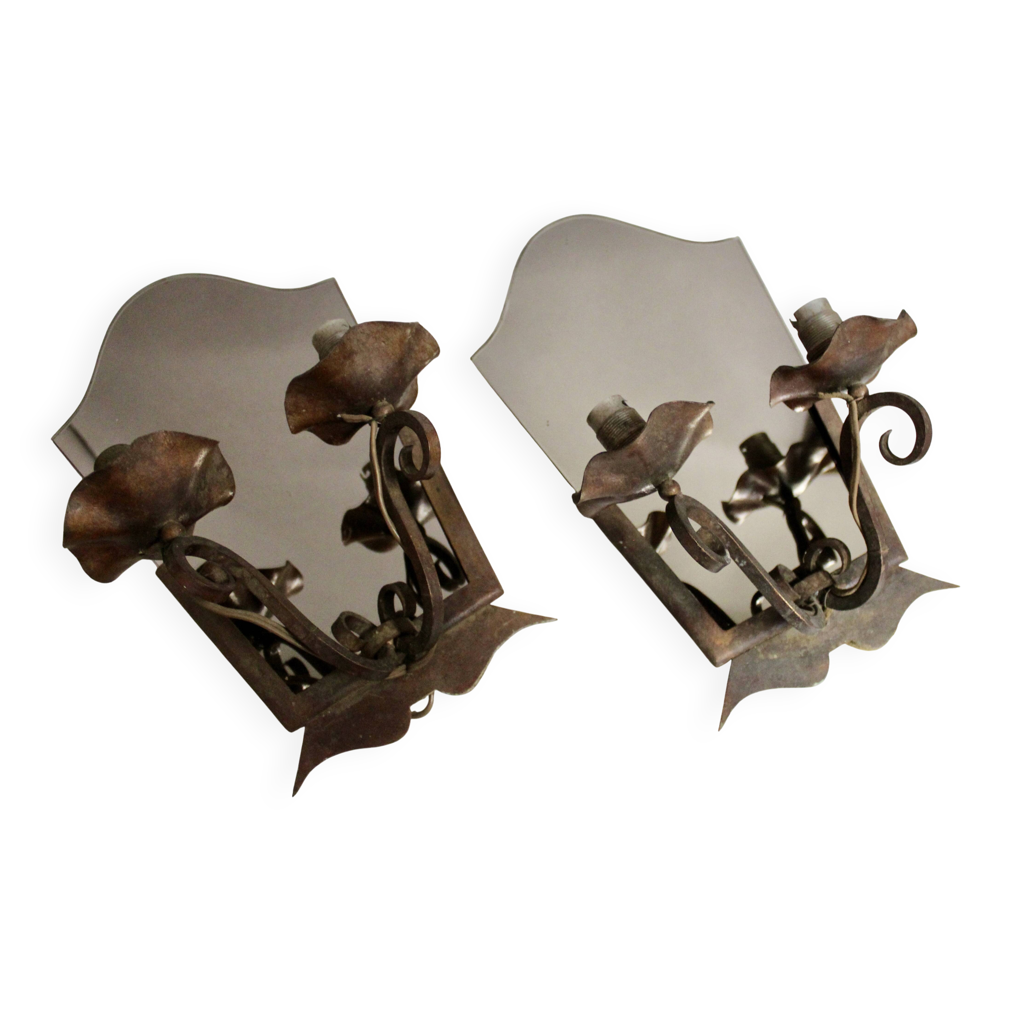 Pair of Art Deco wrought iron and smoked glass wall lights