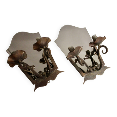 Paire d'appliques fer forgé et verre fumé Art Deco