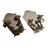 Pair of Art Deco wrought iron and smoked glass wall lights