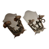Pair of Art Deco wrought iron and smoked glass wall lights