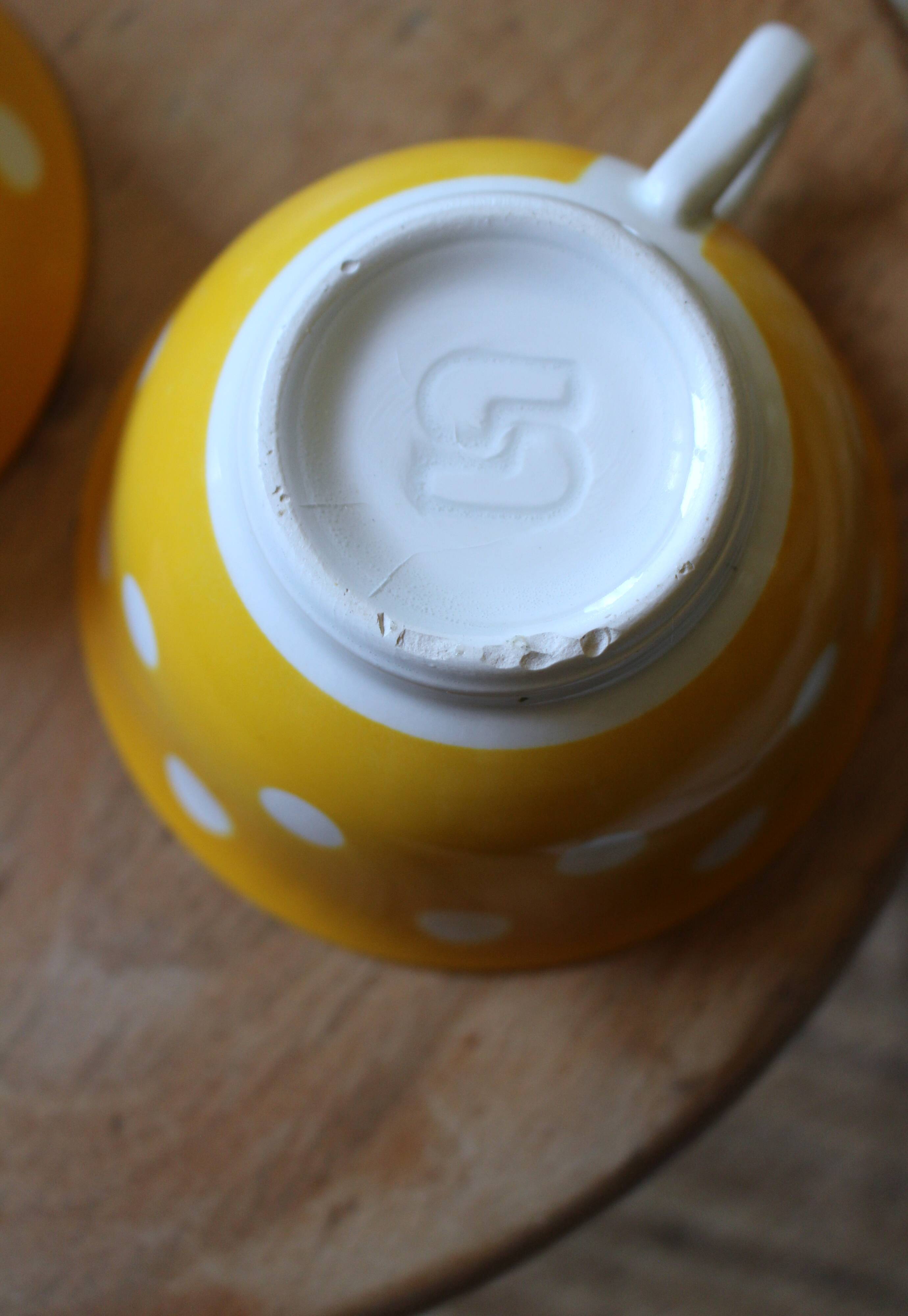 Two Large Yellow Polka Dot Cups Sarreguemines Vintage
