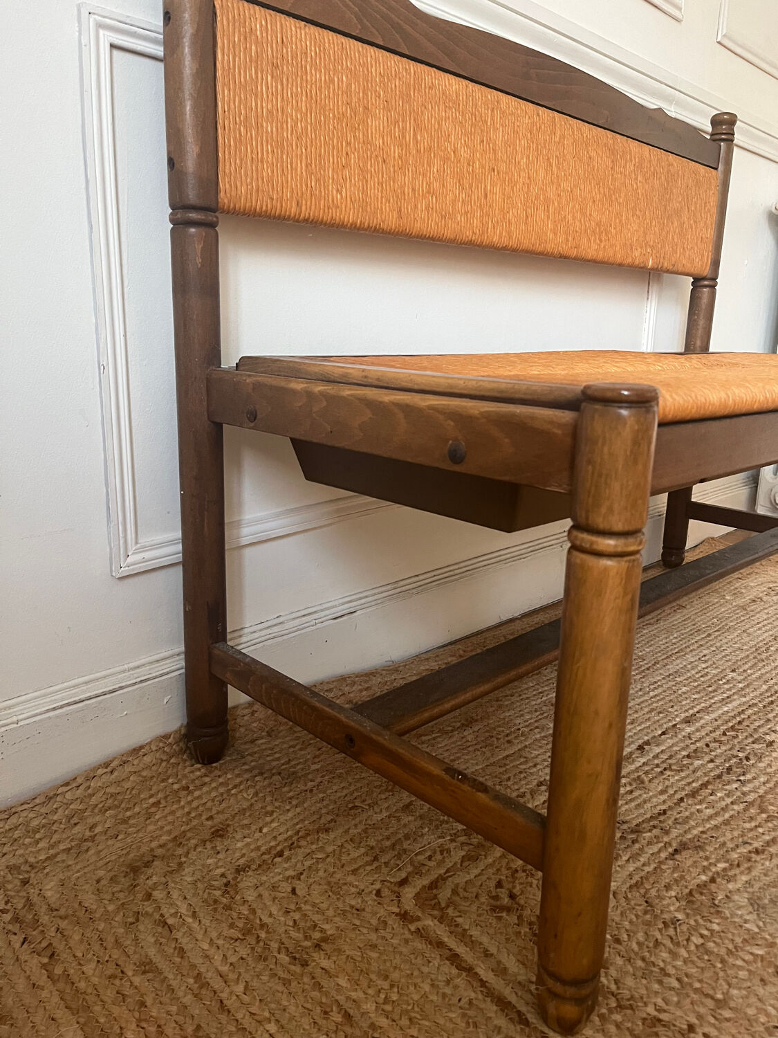 Provençal rustic wood and straw bench