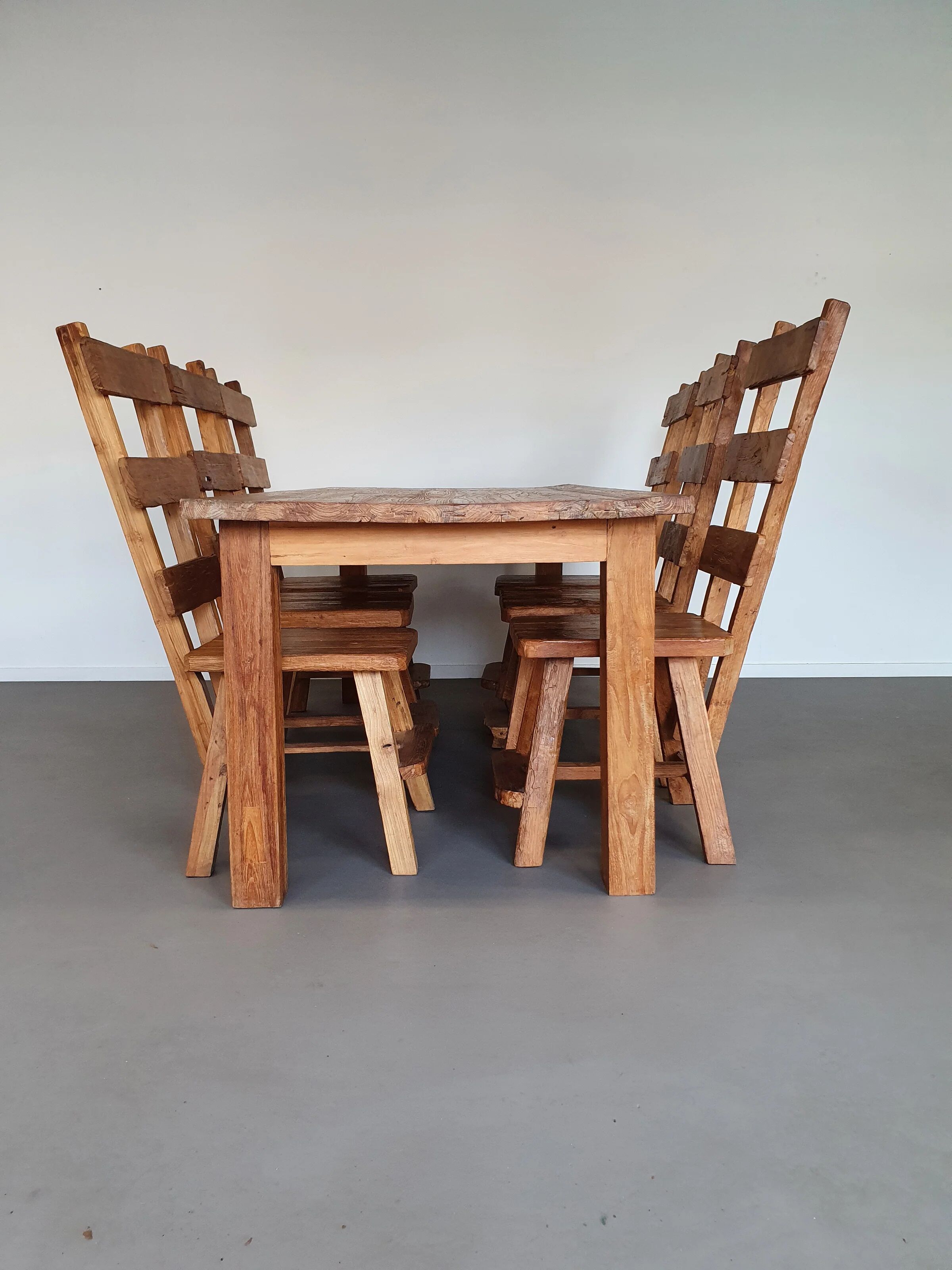 Olm wood brutalist wabi sabi dining set / 6 chairs / table