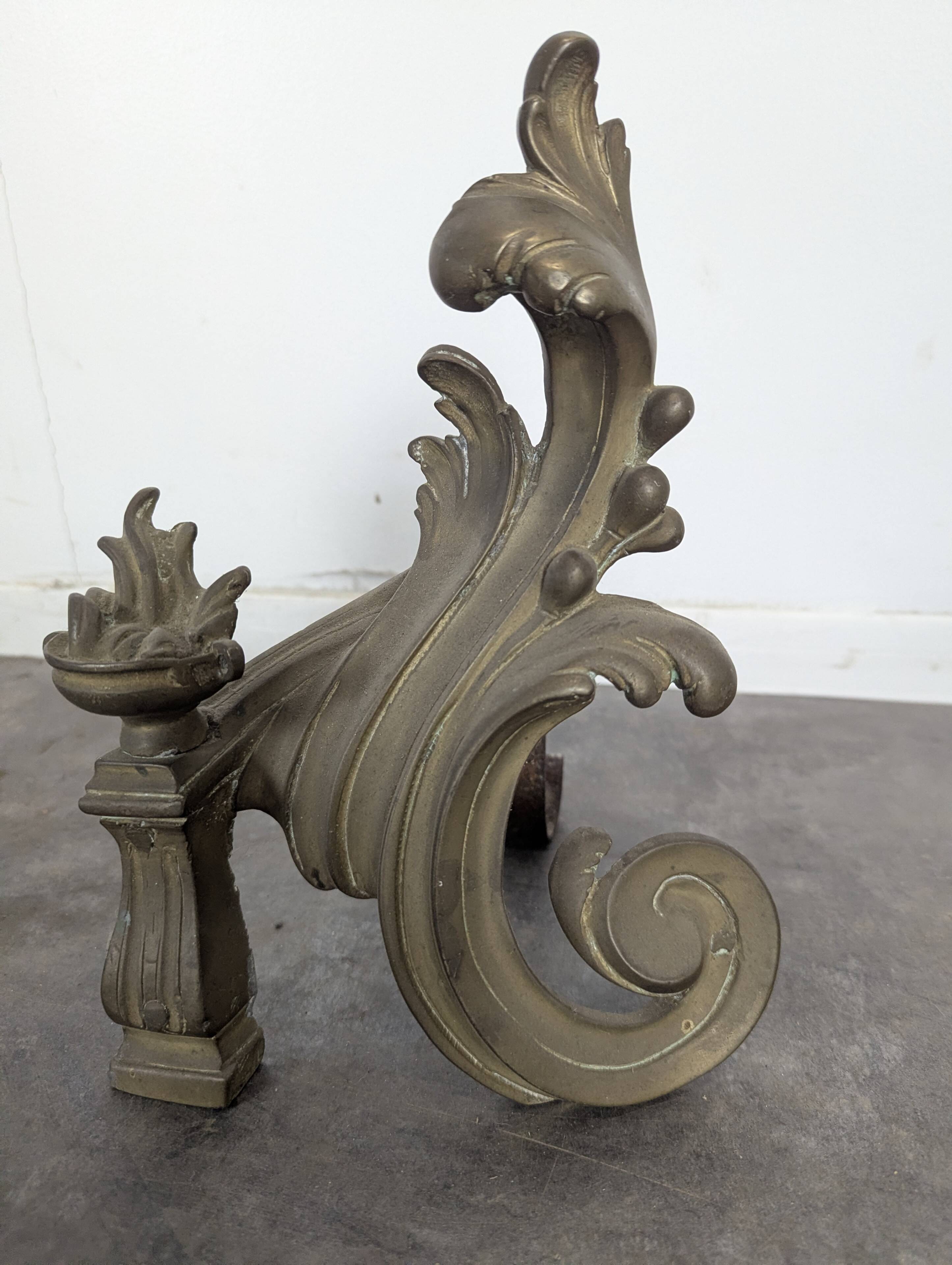 Pair of rocaille bronze andirons in Louis XV style