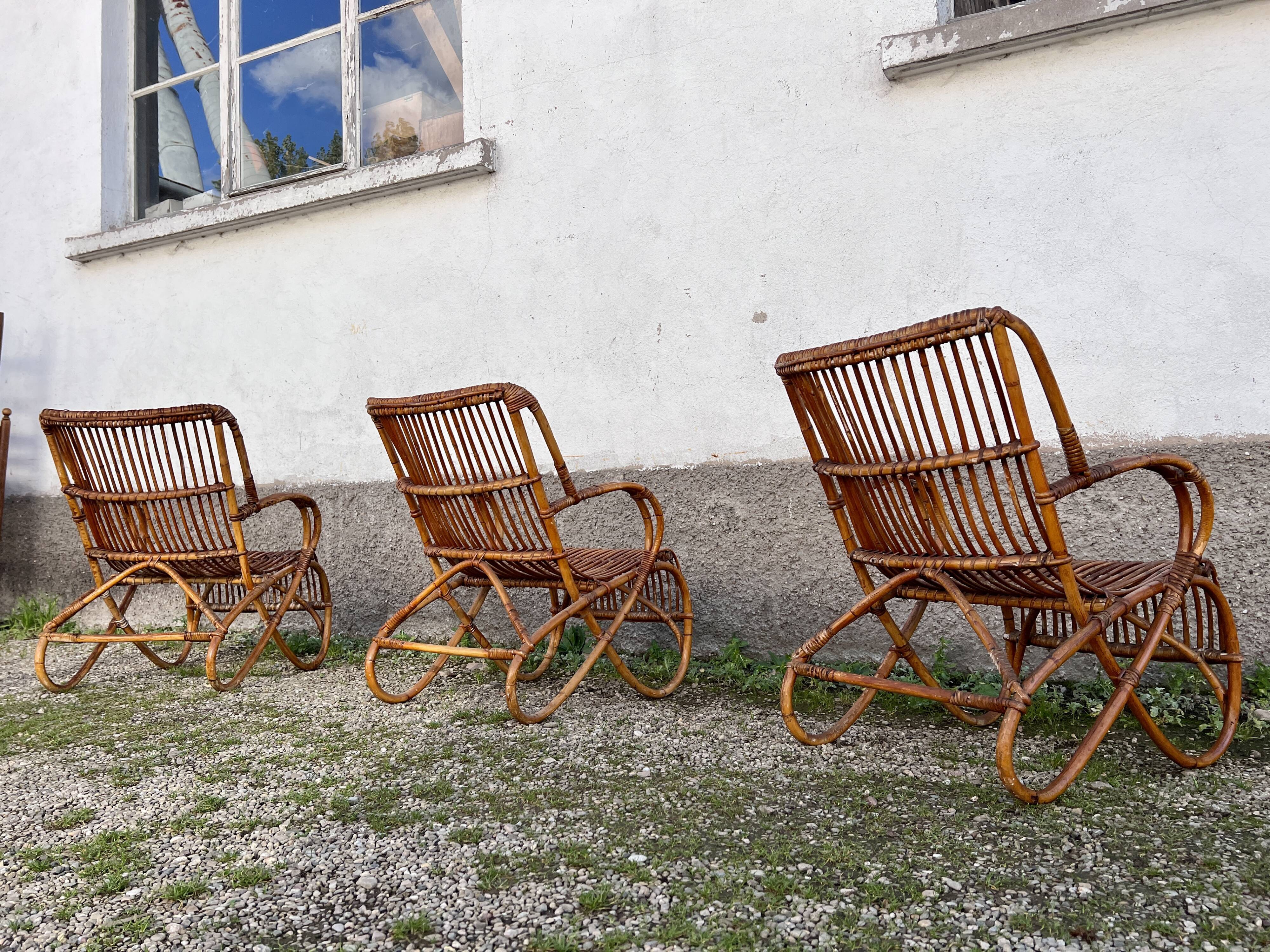 Trio de 3 fauteuils chaises rotin bambou vintage 1950