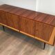 Designer sideboard with 4 doors in sapele mahogany and sycamore on a blackened wood base
