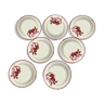 Ensemble de 7 assiettes plates en céramique Badonviller Décor floral rouge