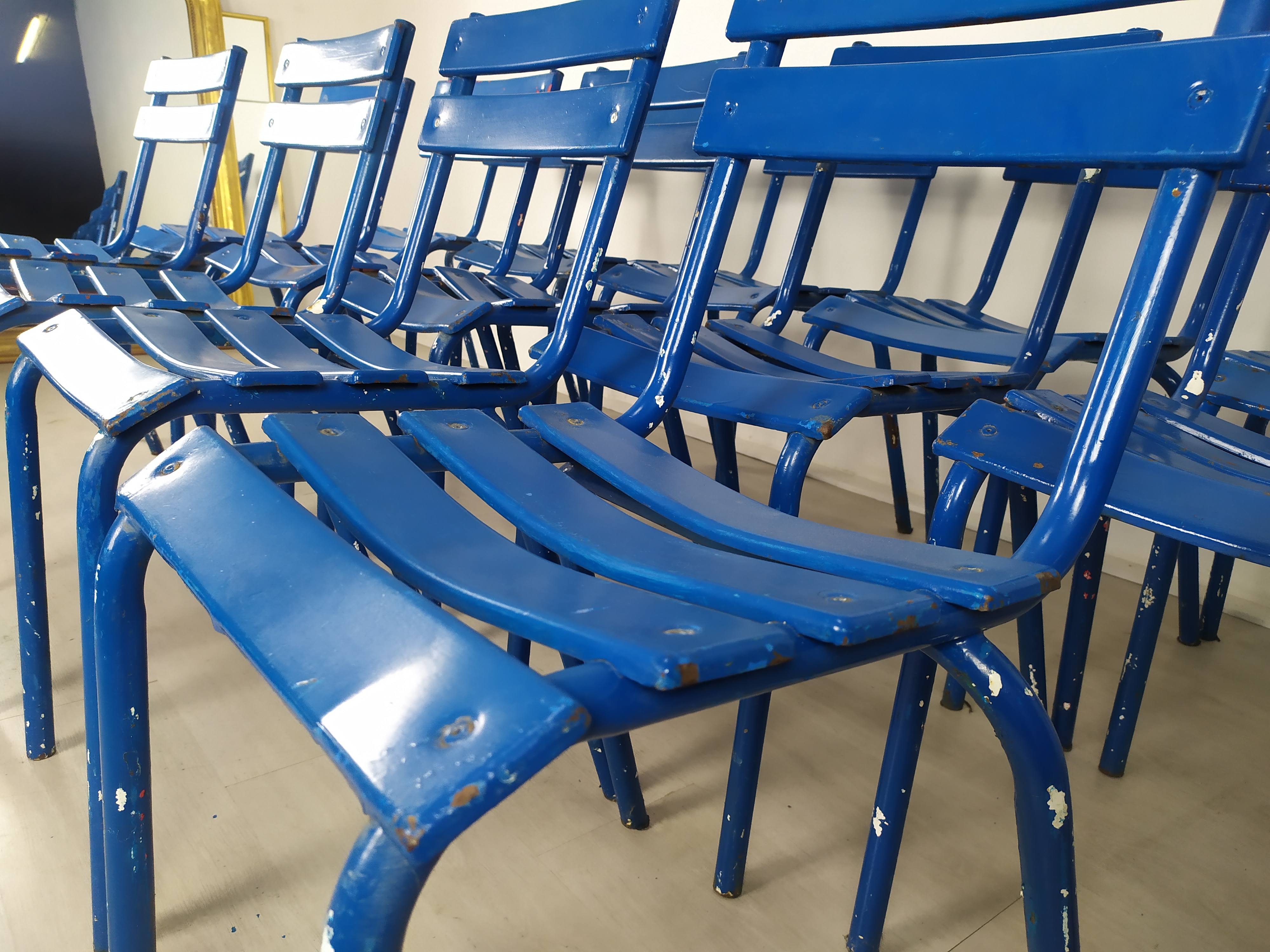 14 blue metal bistro chairs