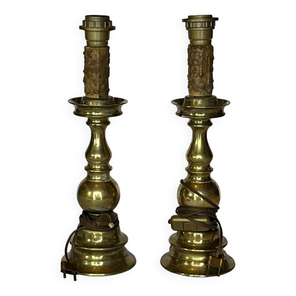 Pieds de lampe bougeoirs bronze doré ancien