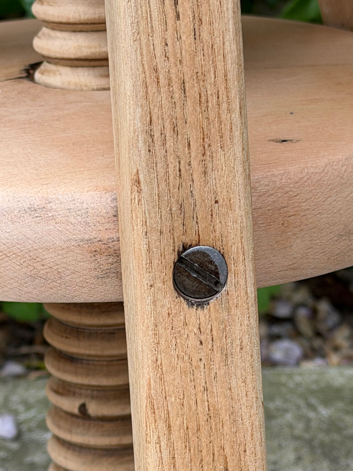 1950s solid oak tripod workshop stool with a screw mechanism.