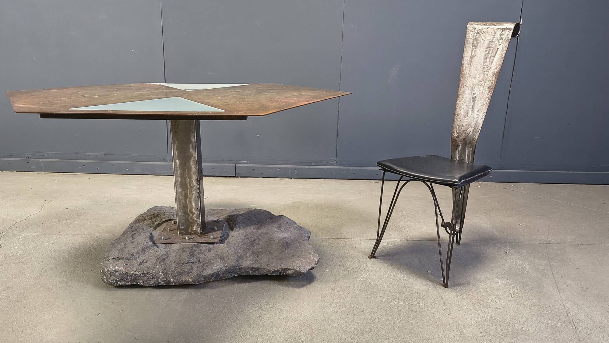 Hand crafted steel and stone dining set, 1970s
