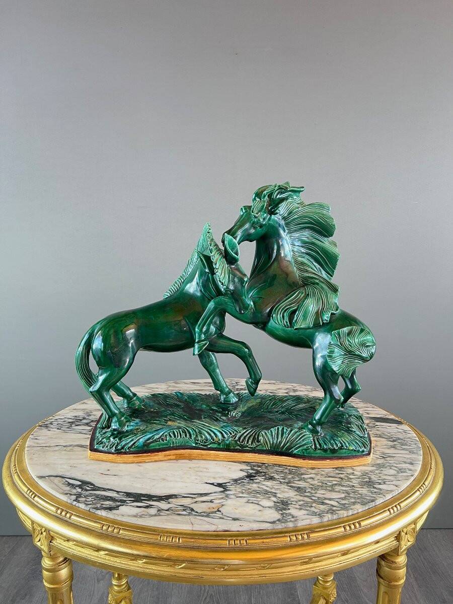 Glazed Ceramic Sculpture, Two Horses, Signed R. Prunet, 20th Century