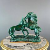 Glazed Ceramic Sculpture, Two Horses, Signed R. Prunet, 20th Century