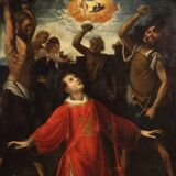 Antique painting on panel 17th century, The Martyrdom of Saint Stephen