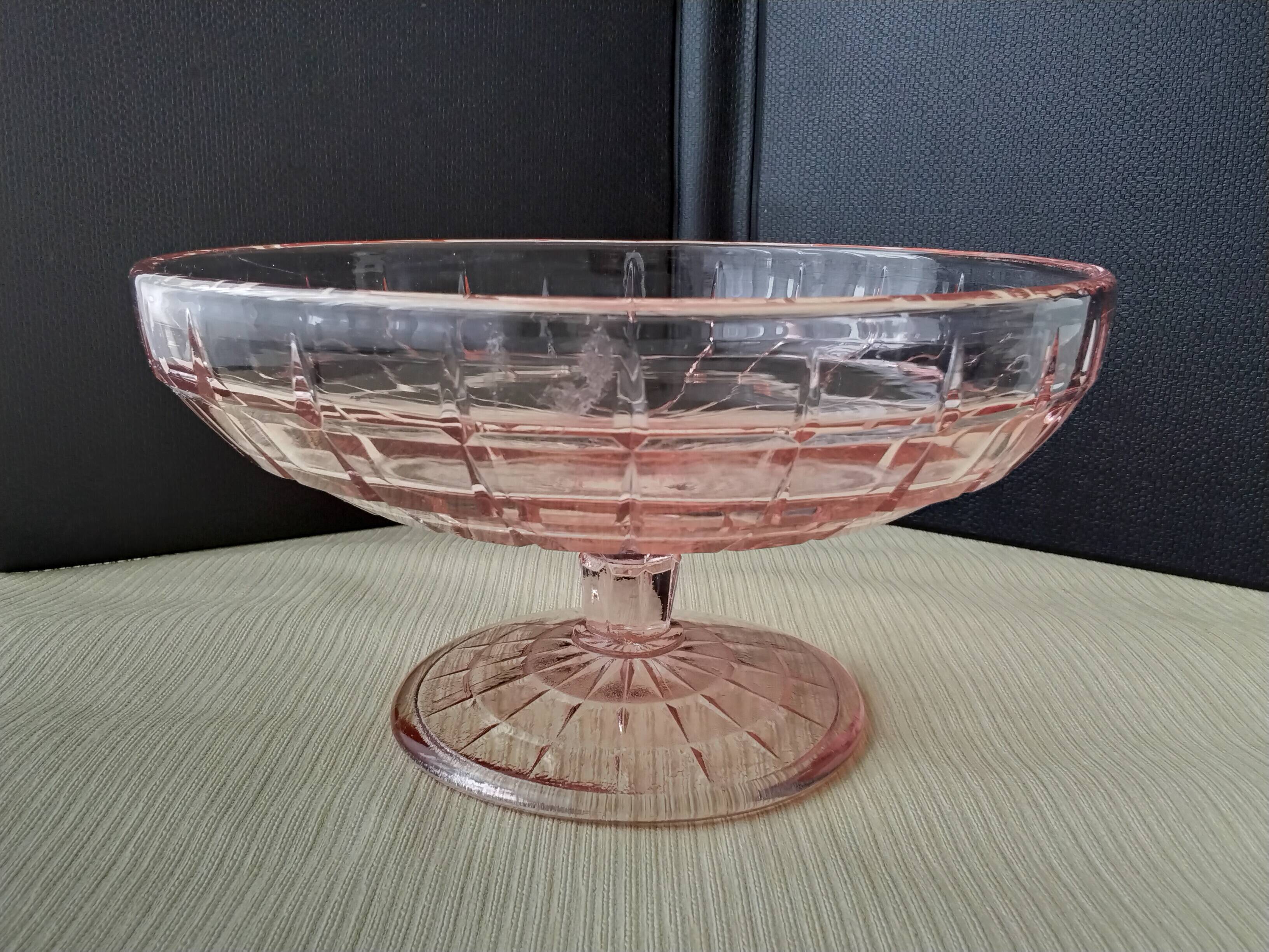 Footed bowl, pressed glass compote in pink Art Deco style.