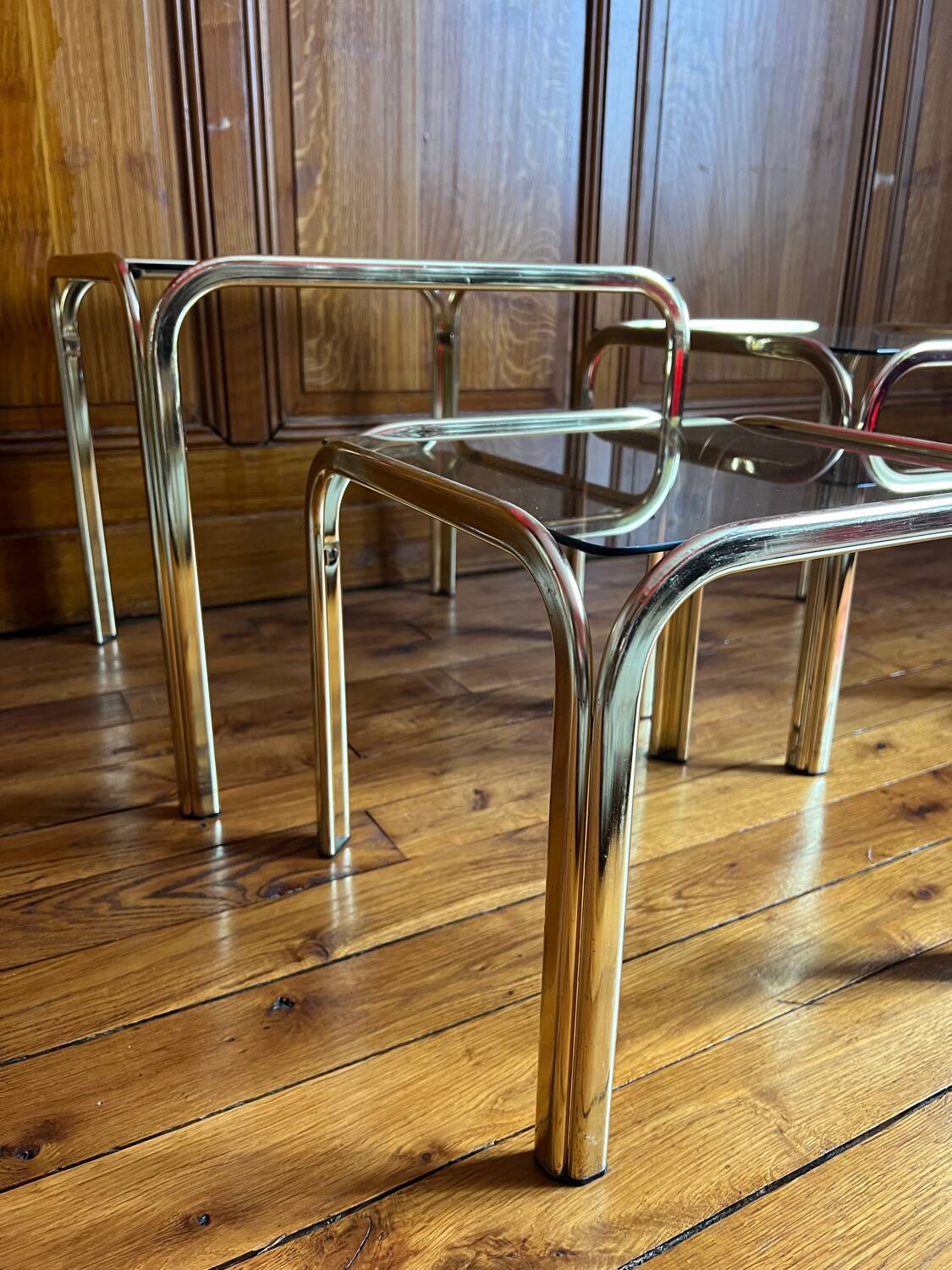Set of 3 square nesting tables 1970 brown smoked glass