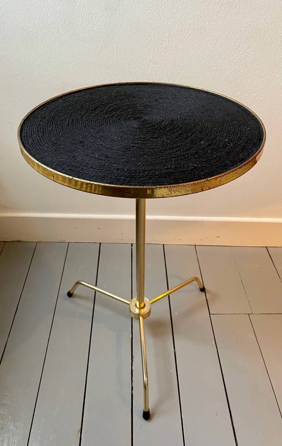 Vintage tripod pedestal table in gold metal
