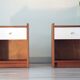 Pair of bedside tables, mahogany, white laminate and brass, 1970