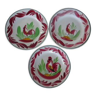 3 Old plates Choisy le Roi Sarreguemines stylized rooster red 314112