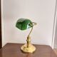 Ancien Lampe Notaire Banquier Bureau Opaline Vert Laiton Doré