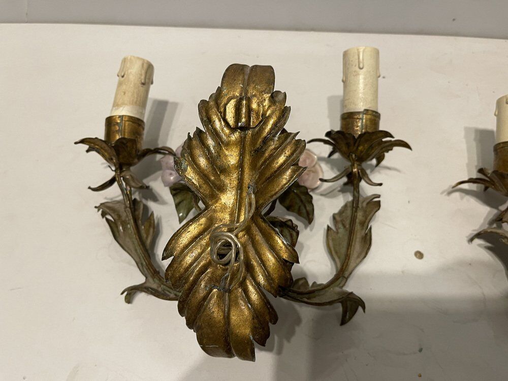 Italian tole sconces with ceramic summer flowers, 1960s , set of 2